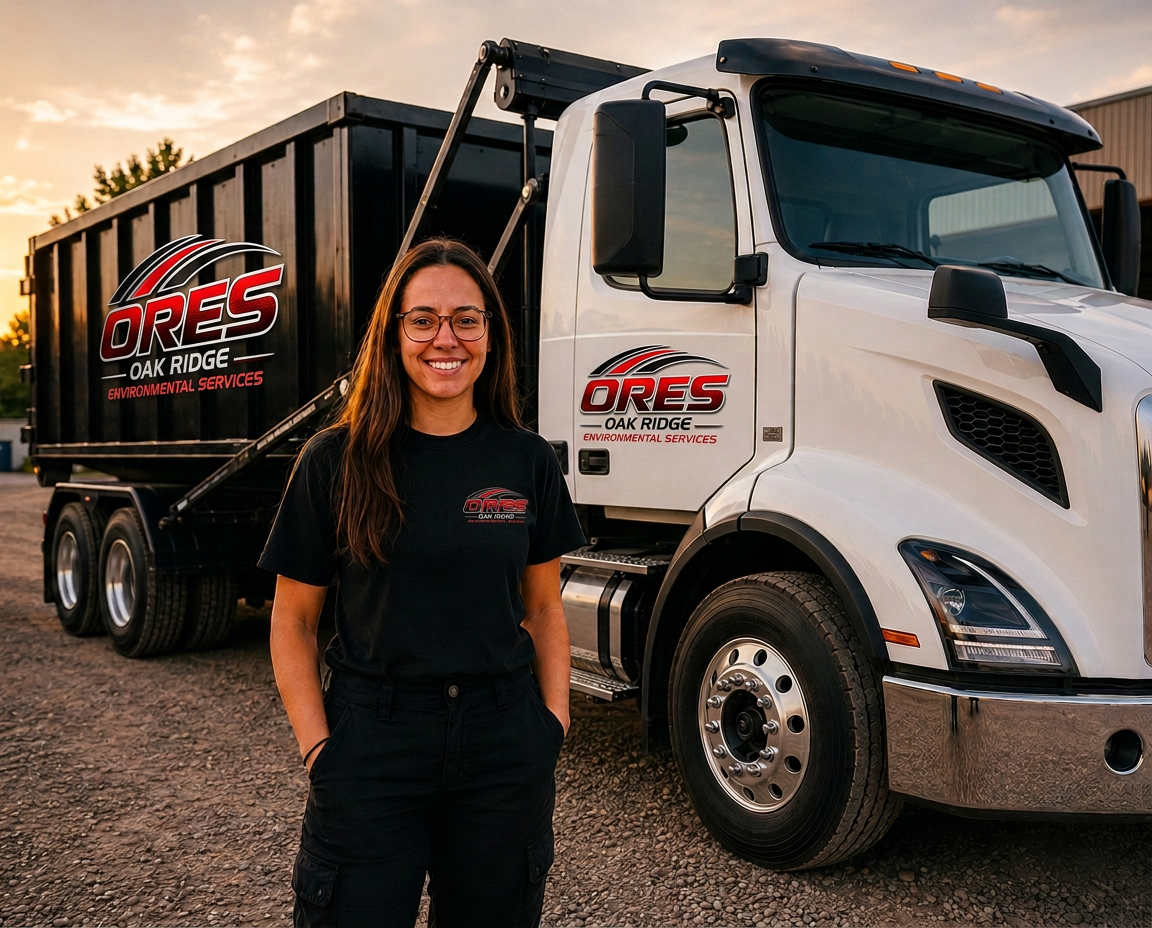 Morgan, owner of Oak Ridge Environmental Services, standing in front of an ORES roll-off truck